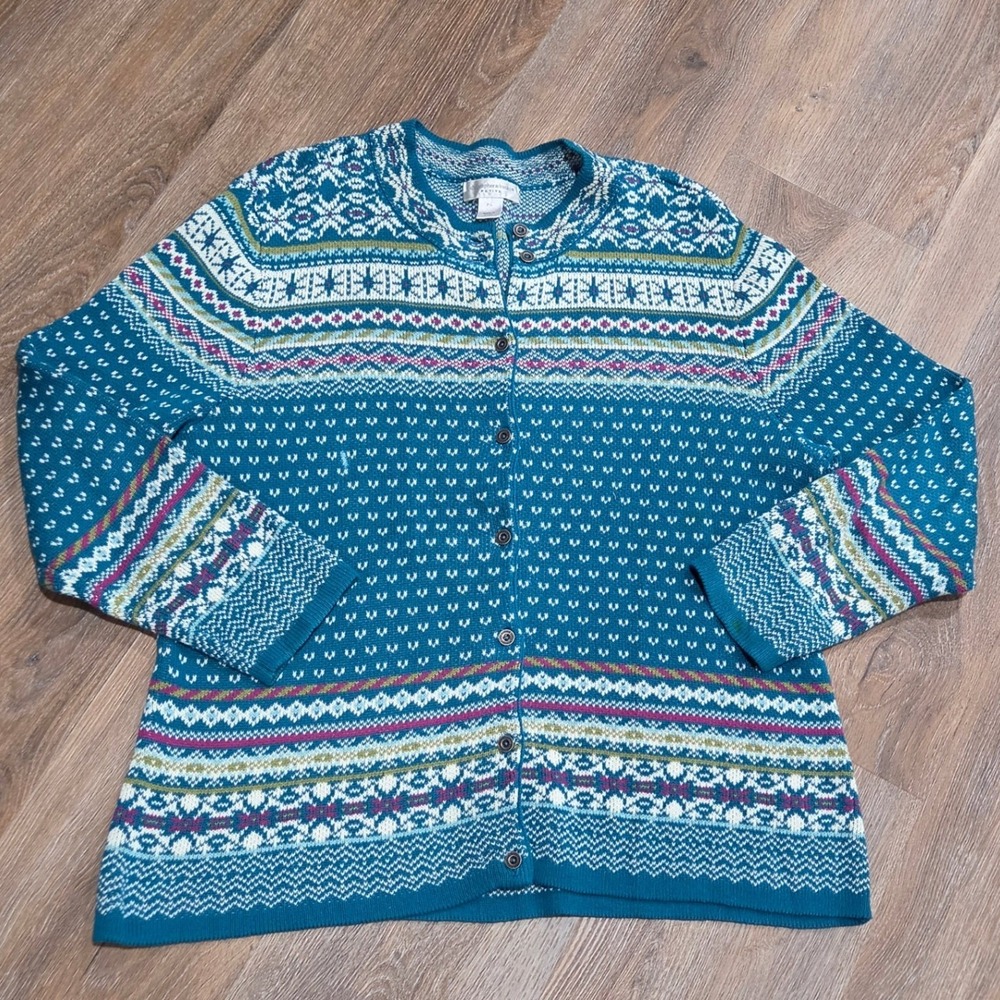 Christopher & Banks Petite Teal Fair Isle Cotton Cardigan Sweater P/L 69957